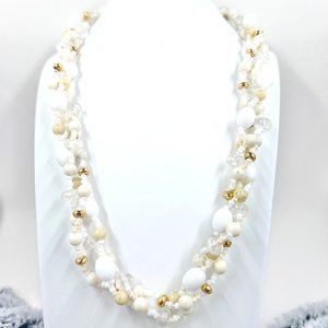 Twisted Multi Strand White & Cream Color Plastic Beaded 18” Gold Tone Necklace